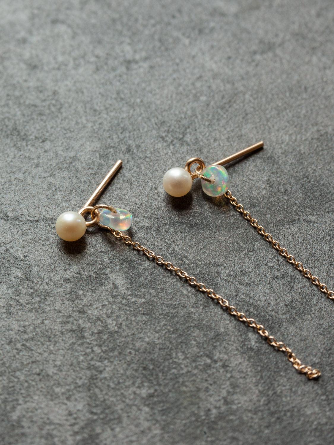 Freshwater Pearl and Opal Chain Earrings